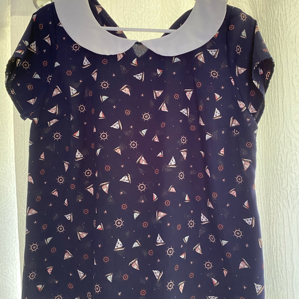 ModCloth navy patterned Peter Pan blouse